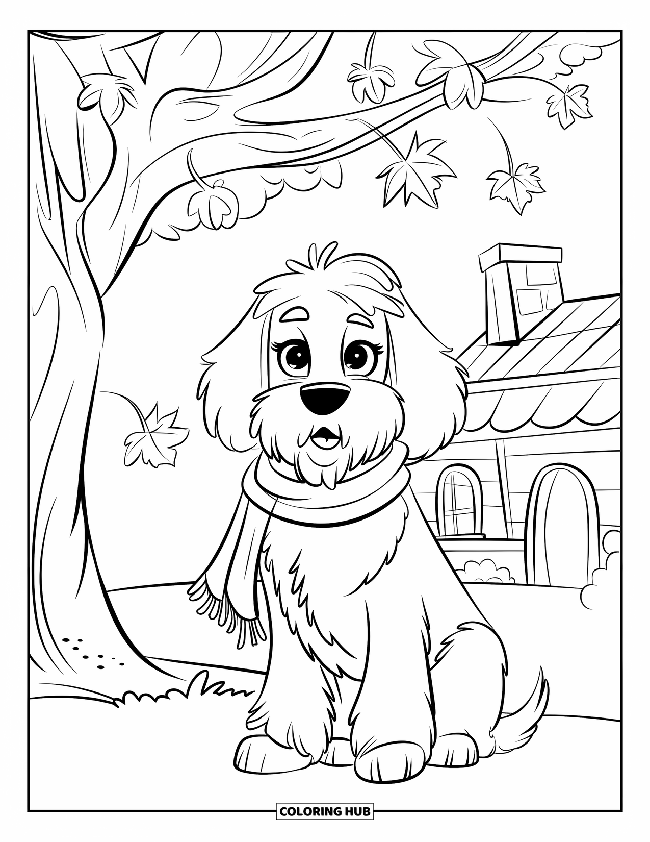 Goldendoodle Coloring Page for Kids: Goldendoodle with fluffy coat and scarf under a tree near a cozy cabin