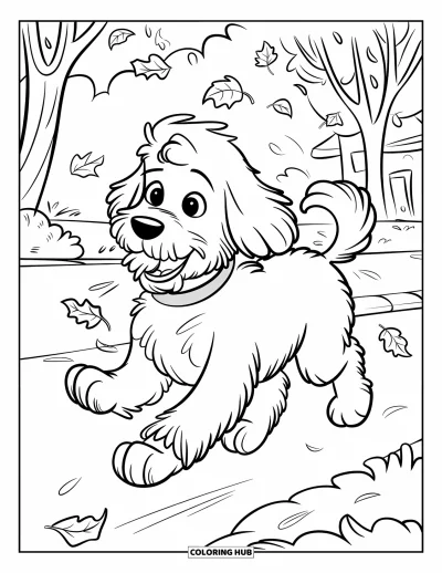 Coloriage de Goldendoodle pour enfants : Un Goldendoodle avec un collier jaune courant dans un parc avec des arbres et un bâtiment