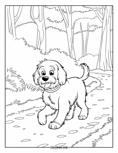 Coloriage de Goldendoodle pour enfants : Un Goldendoodle espiègle marchant sur un sentier feuillu entouré d'arbres aux troncs épais