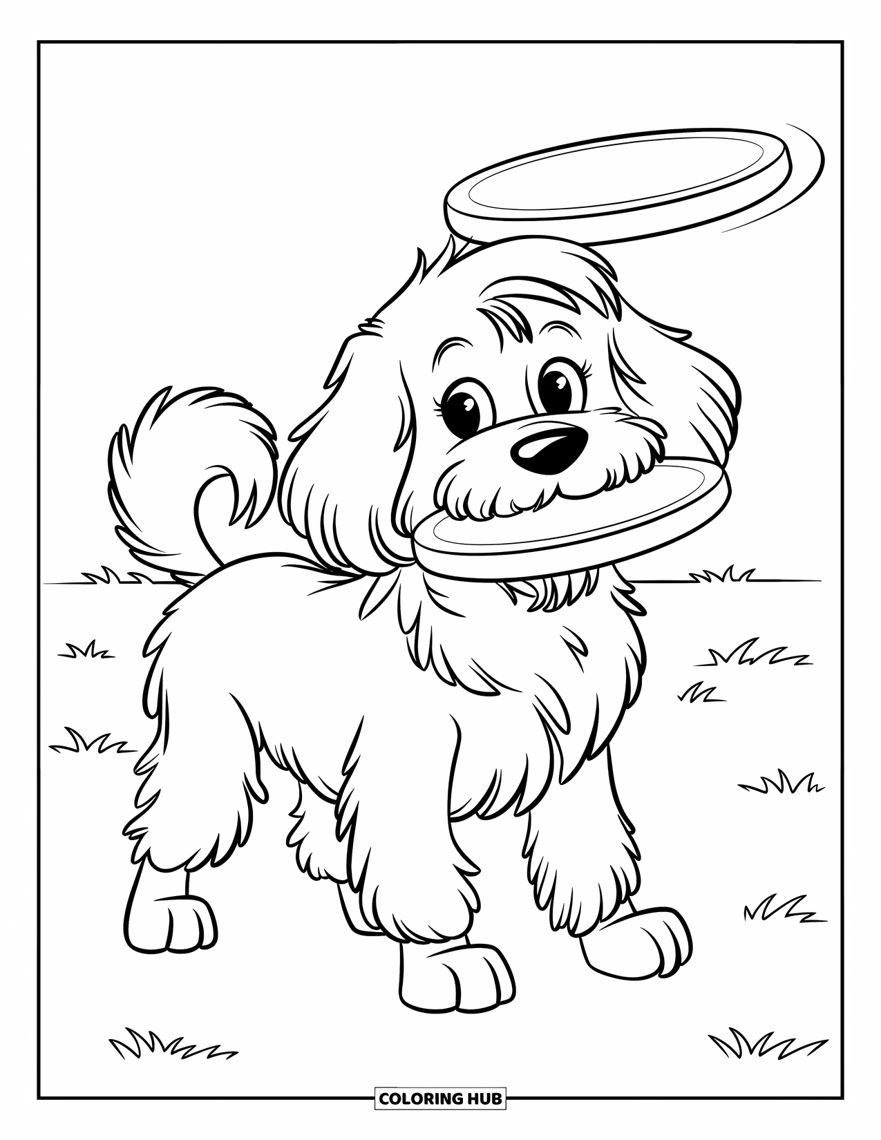 Goldendoodle Coloring Page for Kids: Playful Goldendoodle with a frisbee on a grassy field