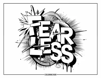 Fargeleggingsark med graffiti-ord for voksne: Fete "Fearless"-blokker med piler, sprekker, drypp og lagdelte graffiti-teksturer