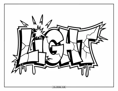 Fargeleggingsark med graffiti-ord for voksne: Fet "Light"-graffiti med sprekk-effekter, piler og glødende konturer