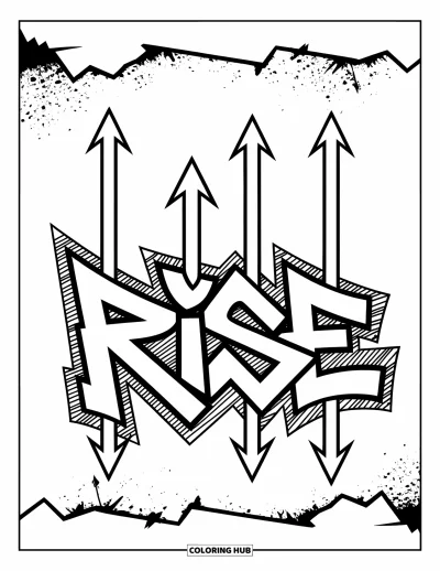 Fargeleggingsark med graffiti-ord for voksne: Fet "Rise"-graffiti med vertikale piler og sprut-teksturer