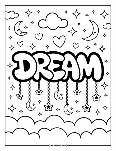 Fargeleggingsark med graffiti-ord for voksne: Skybokstaver i "Dream" med stjerner, hjerter, bånd og søvnige måne-doodles