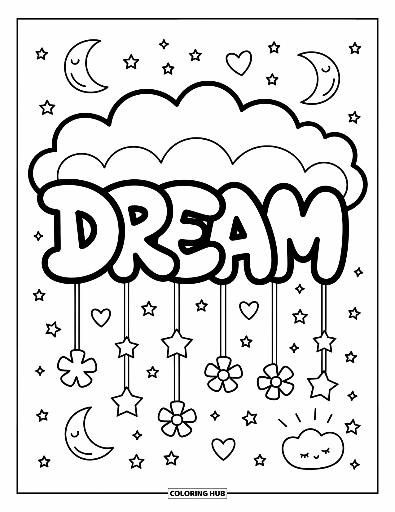 Graffiti Word Coloring Page for Adults: "Dream" in cloud-like letters floating above fluffy clouds and dangling magical charms