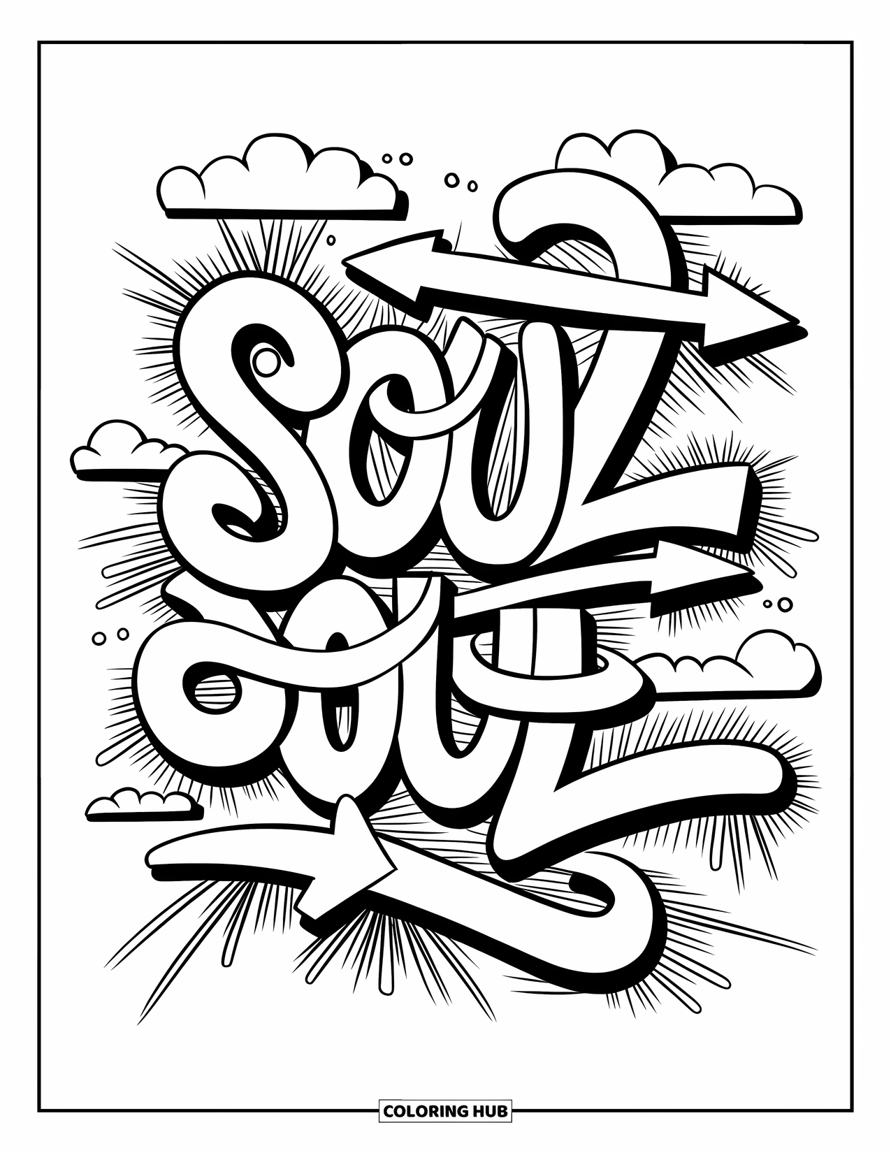 Graffiti Word Coloring Page for Adults: Flowing "Soul" script with winding arrows, cloud sprays, and energetic doodles