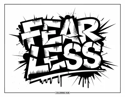 Fargeleggingsark med graffiti-ord for voksne: "Fearless" i graffiti med sprukkede bokstaver, kaotiske piler, drypp og en fet understrek