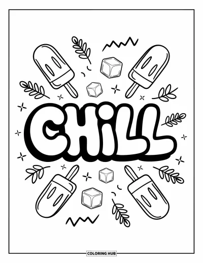 Fargeleggingsark med graffiti-ord for voksne: "Chill" i graffiti-stil med flytende blader, tegne-ispinner og myke siksak-linjer