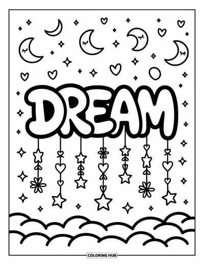 Fargeleggingsark med graffiti-ord for voksne: "Dream" i graffiti-stil flytende over skyer med glitter, hjerter og hengende bittesmå stjerner