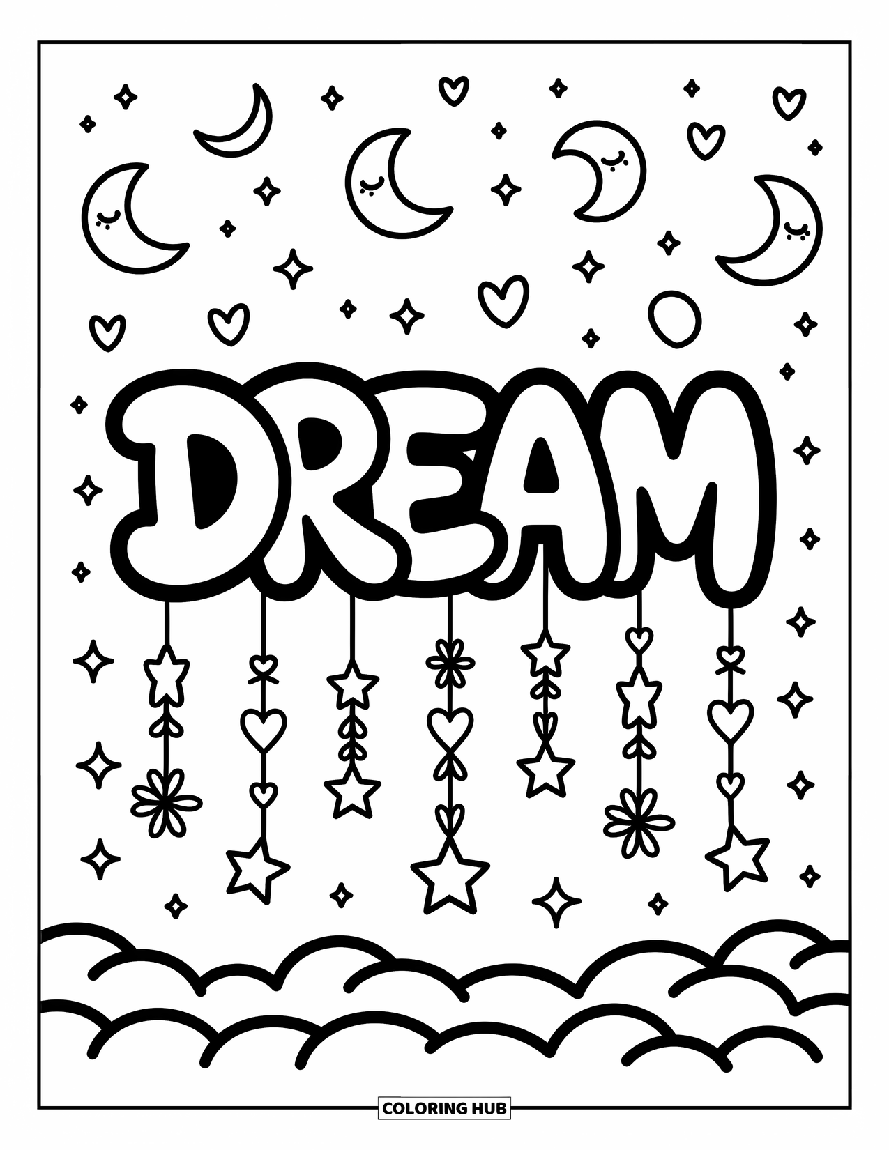 Graffiti Word Coloring Page for Adults: Graffiti-style "Dream" floating above clouds with sparkles, hearts, and dangling tiny stars