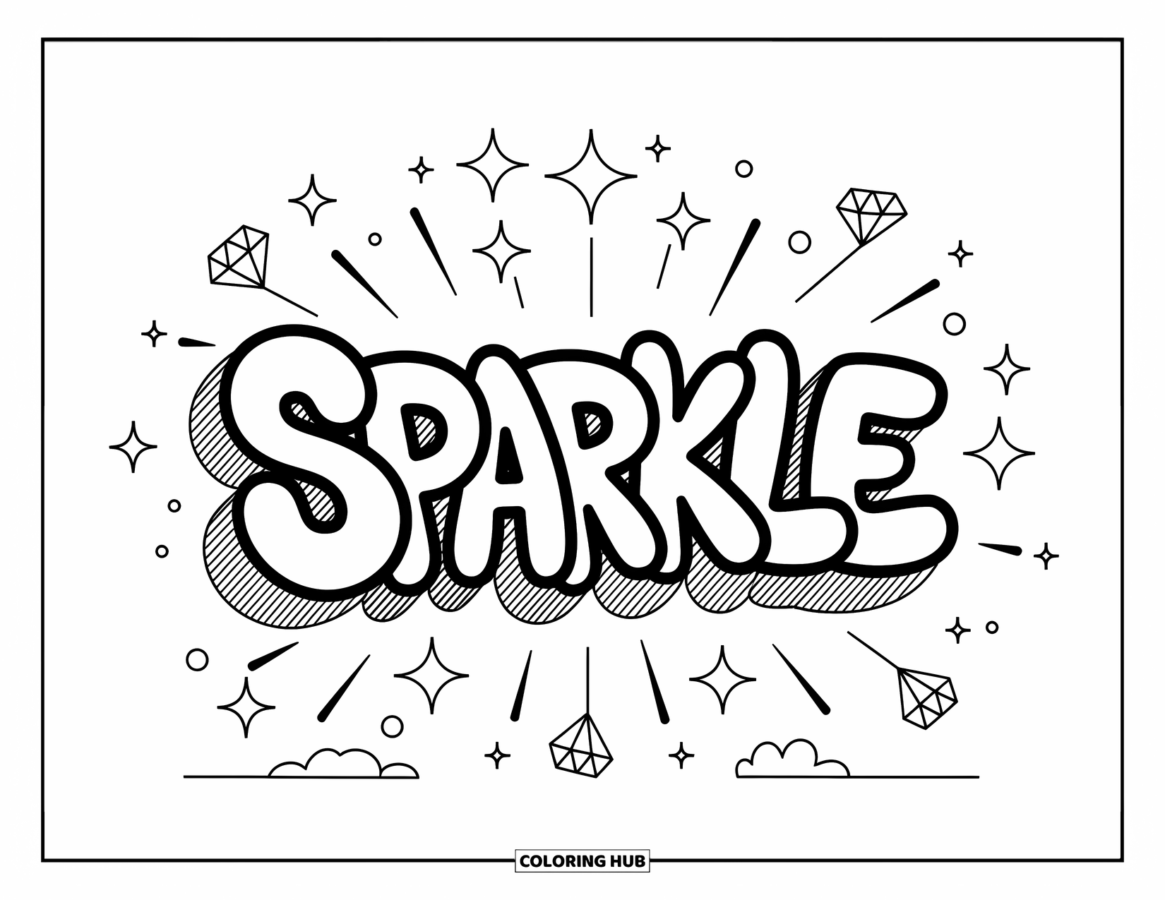Graffiti Word Coloring Page for Adults: Graffiti-style "Sparkle" with radiating beams, floating diamonds, and cute magical bursts