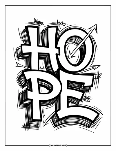 Fargeleggingsark med graffiti-ord for voksne: "Hope" i flerlags graffiti med sammenvevde bokstaver, piler og ekko-lag