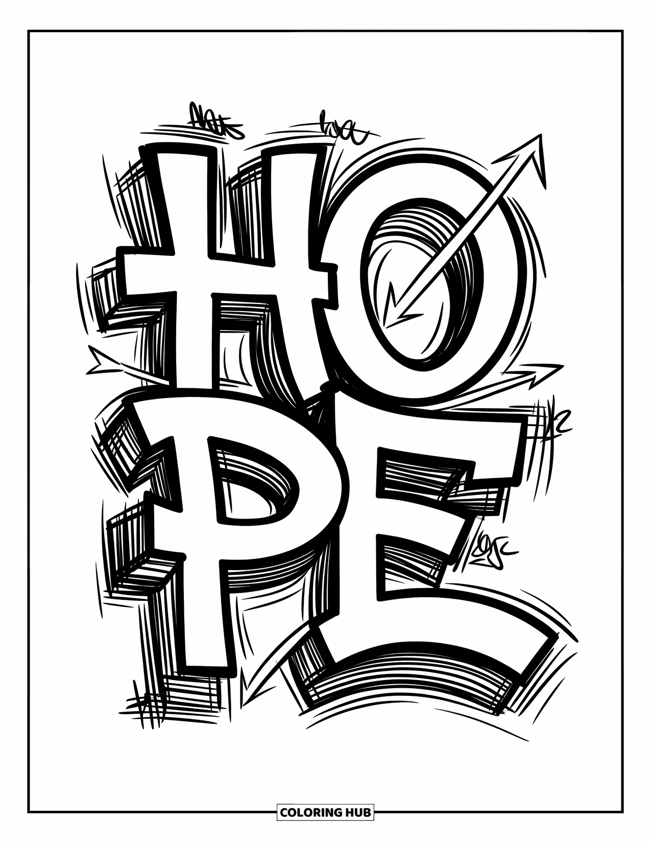 Graffiti Word Coloring Page for Adults: "Hope" in multi-line graffiti with interlocking letters, arrows, and echo layers