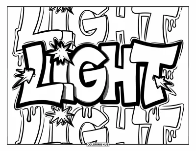 Fargeleggingsark med graffiti-ord for voksne: "Light" i sprukne blokker med glødende piler, ekko-tekst og dryppende detaljer