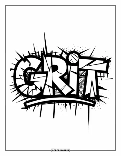 Fargeleggingsark med graffiti-ord for voksne: Røft "Grit"-graffiti med sprukkede kanter og lagdelte, grove teksturer