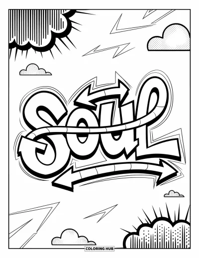 Fargeleggingsark med graffiti-ord for voksne: "Soul" i stilisert graffiti-skrift med svingende piler og tykke sky-sprut
