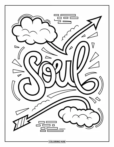 Fargeleggingsark med graffiti-ord for voksne: Stilisert "Soul"-graffiti med flytende bokstaver, sky-spray og energiske detaljer