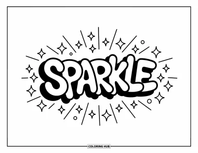 Fargeleggingsark med graffiti-ord for voksne: Fantasifulle "Sparkle"-bokstaver med bittesmå edelstener, stjerneskudd og lekne gnister rundt
