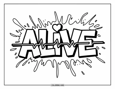 Fargeleggingsark med graffiti-ord for barn: "Alive" i graffiti-skrift med hjerterytmelinjer og villsomt sprut rundt