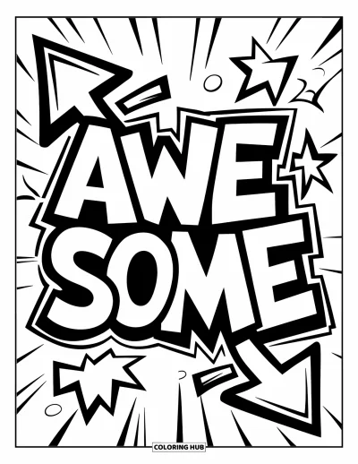 Fargeleggingsark med graffiti-ord for barn: "Awesome" i tykke bokstaver med piler, stjerneskudd og energiske bevegelseslinjer