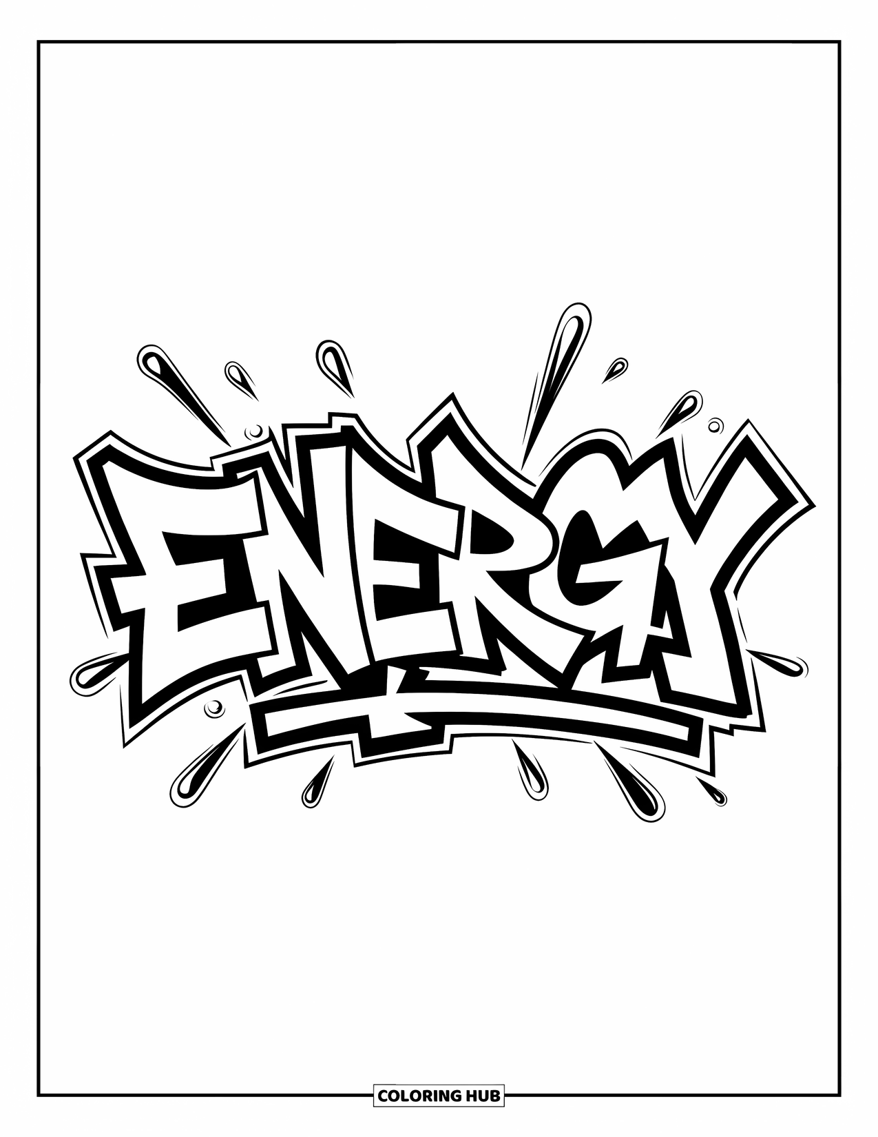 Graffiti Word Coloring Page for Kids: Bold "Energy" graffiti surrounded by urban sparks and expressive shapes