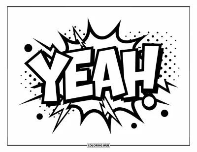 Fargeleggingsark med graffiti-ord for barn: Fet "Yeah"-graffiti med lyn i tegneseriestil og prikkede rammer