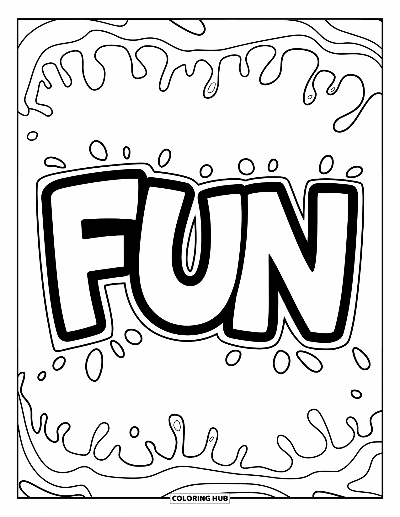 Graffiti Word Coloring Page for Kids: Chunky "Fun" letters with cartoon-style water splashes all around