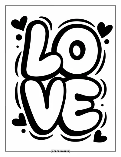 Fargeleggingsark med graffiti-ord for barn: Klumpete "Love"-graffiti med tykke konturer og flytende hjerteformer