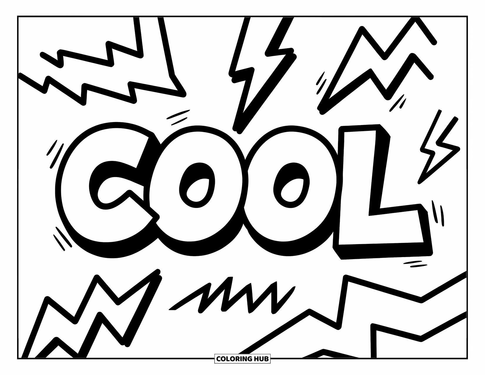Graffiti Word Coloring Page for Kids: "Cool" in bold graffiti with lightning bolts and playful zigzag shapes