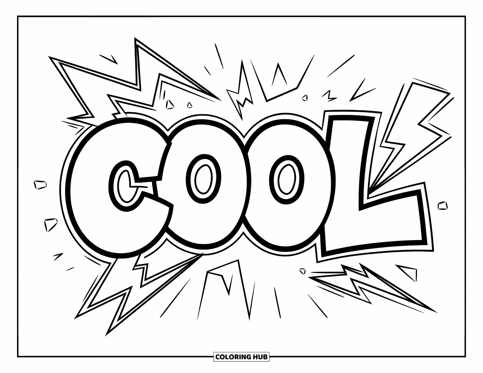Graffiti Word Coloring Page for Kids: "Cool" in uppercase graffiti with lightning accents and zigzag patterns