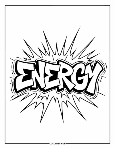 Fargeleggingsark med graffiti-ord for barn: Dynamisk "Energy"-graffiti med tykke bokstaver og tags og gnister rundt