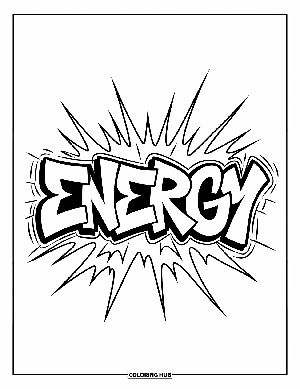 Graffiti Word Coloring Page for Kids: Dynamic "Energy" graffiti with bold letters and surrounding tags and sparks