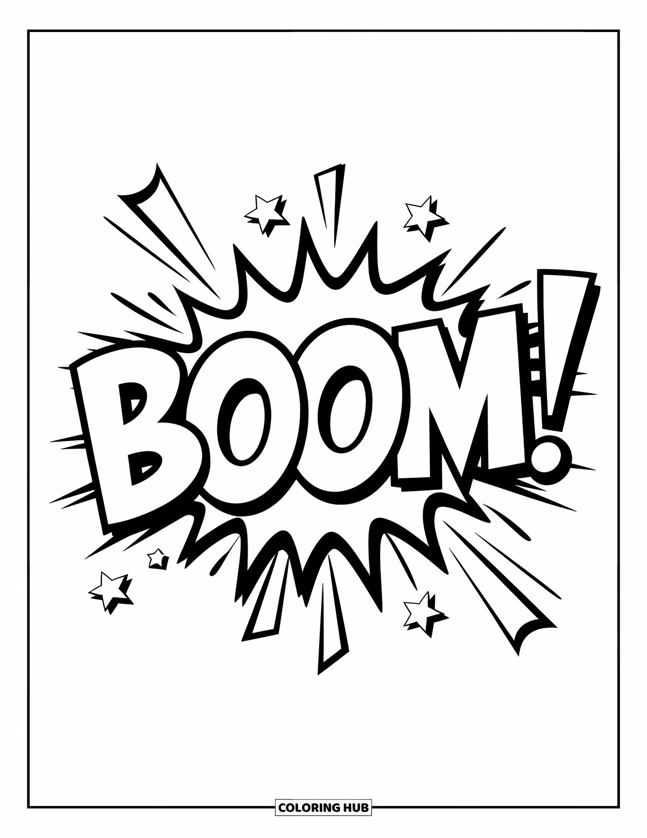 Graffiti Word Coloring Page for Kids: Energetic "Boom" in graffiti style with stars and bold comic lines