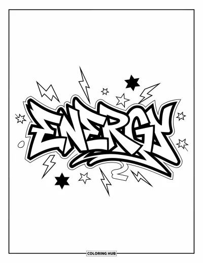 Fargeleggingsark med graffiti-ord for barn: "Energy" i graffiti-bokstaver med tykke konturer og gnister som lynnedslag