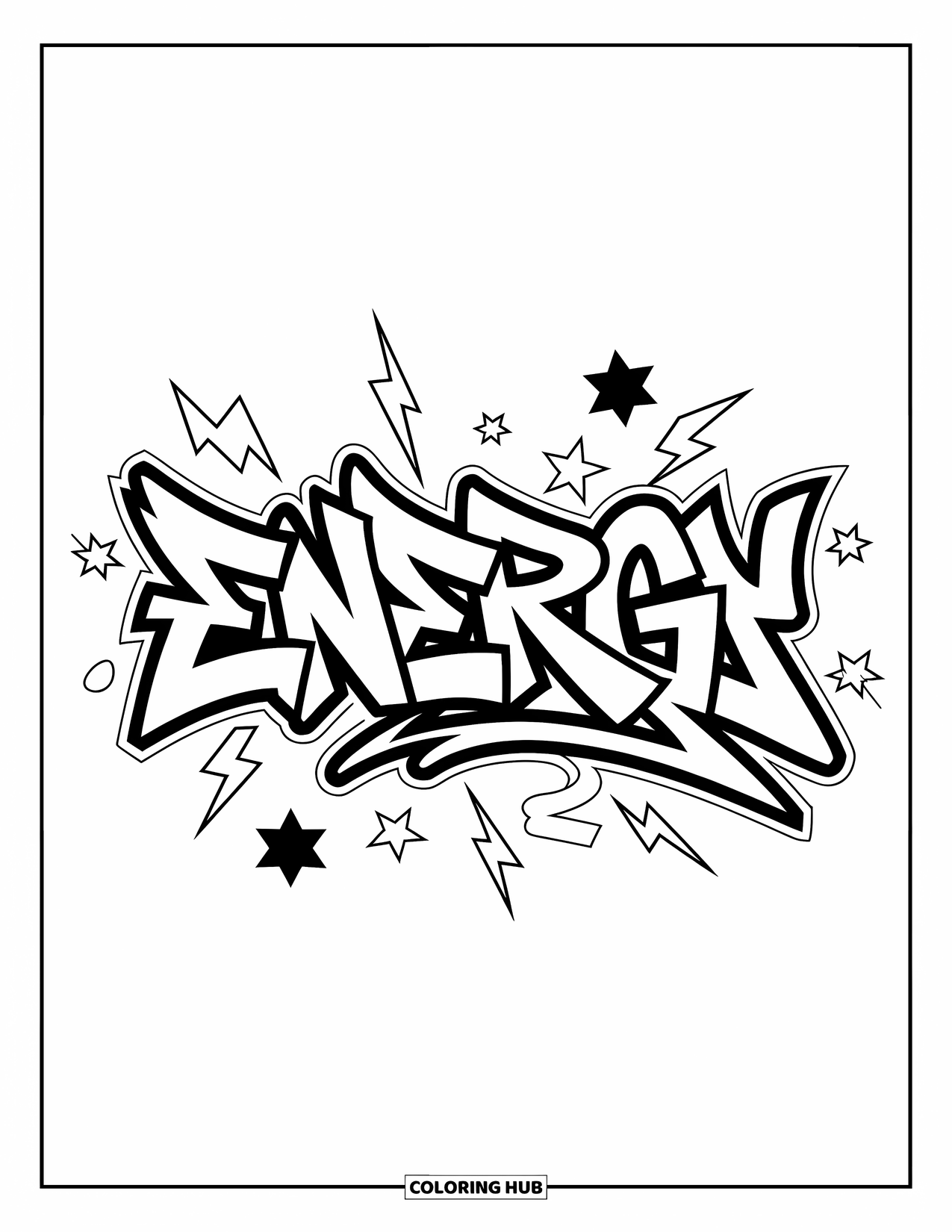 Graffiti Word Coloring Page for Kids: "Energy" in graffiti letters with bold outlines and sparks like lightning bolts