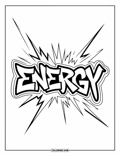 Fargeleggingsark med graffiti-ord for barn: "Energy" i tykk graffiti med skarpe linjer, gnister og bevegelsesuttrykk