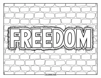 Fargeleggingsark med graffiti-ord for barn: "Freedom" i fet graffiti med lenkebokstaver og teksturert mursteinvegg