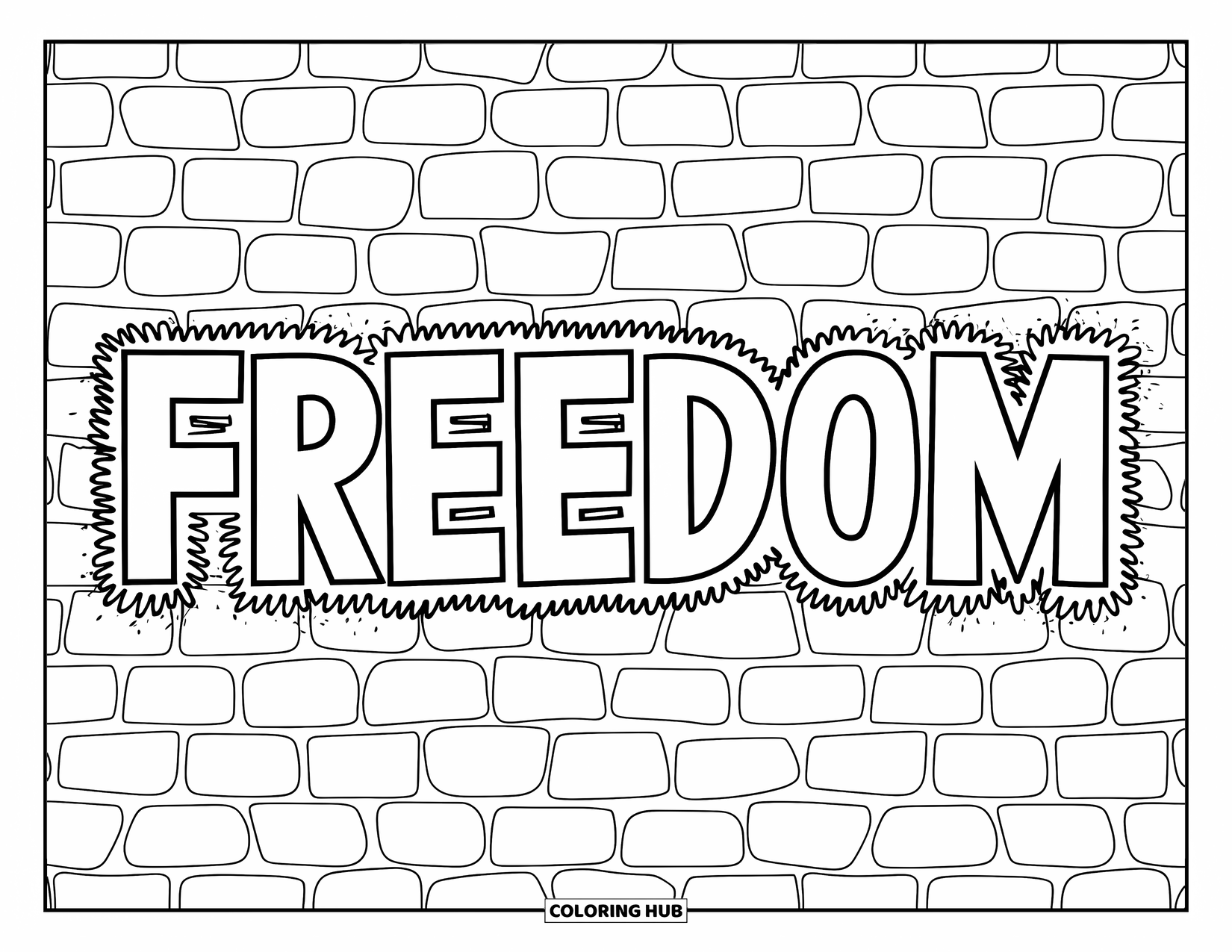Graffiti Word Coloring Page for Kids: "Freedom" in bold graffiti with chain-link letters and a textured brick wall