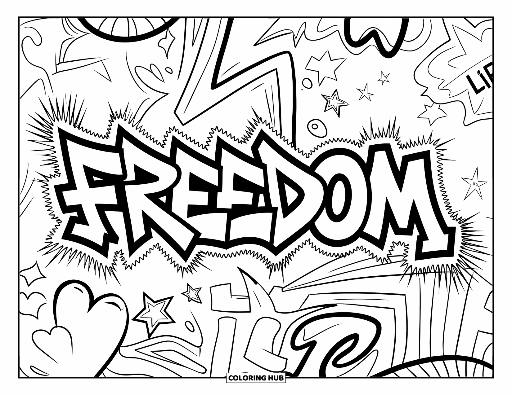 Graffiti Word Coloring Page for Kids: "Freedom" in graffiti style with chain outlines, stars, hearts, and expressive spray details