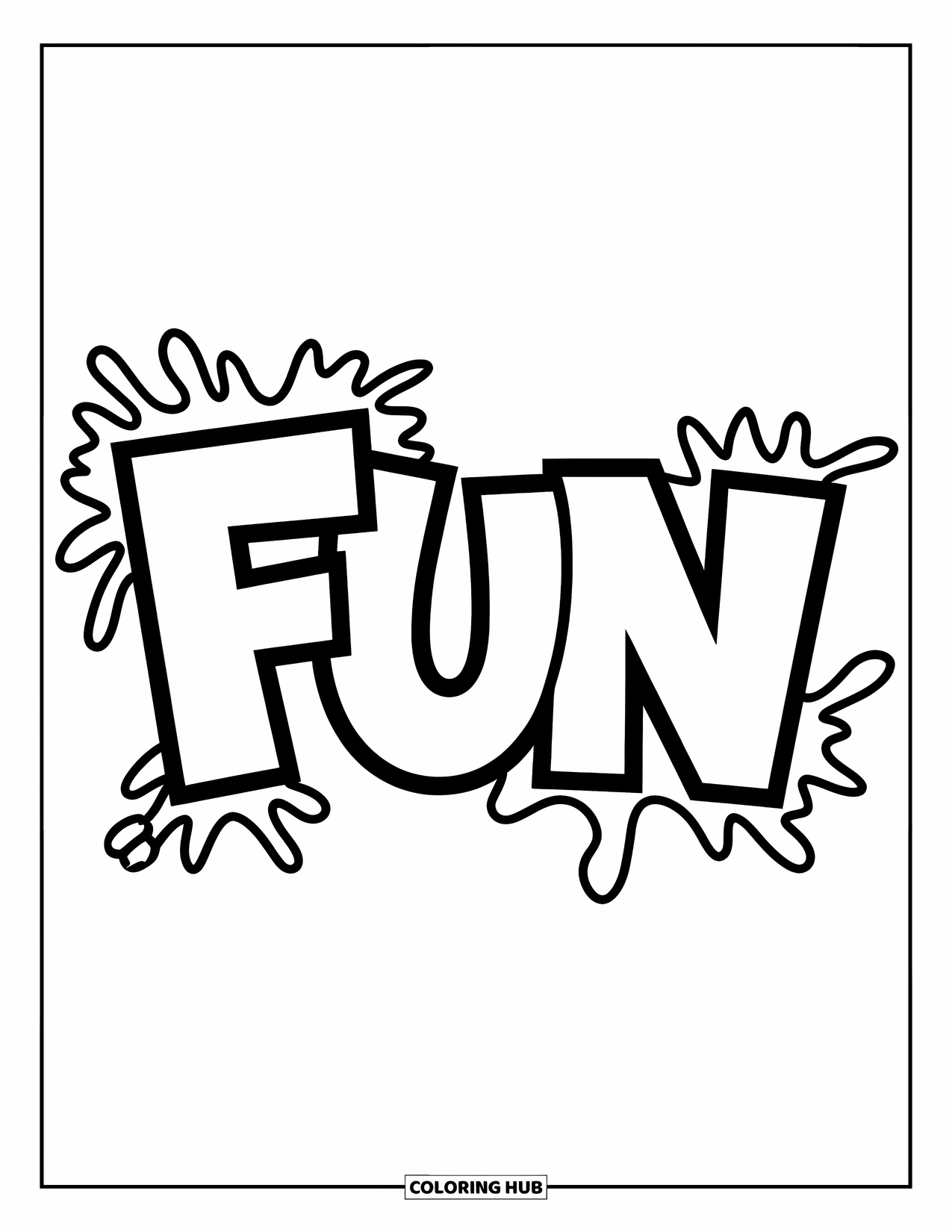 Graffiti Word Coloring Page for Kids: "Fun" in chunky graffiti letters with splashy cartoon paint accents