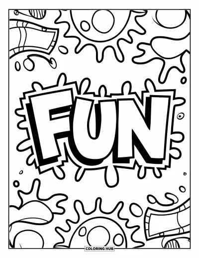 Fargeleggingsark med graffiti-ord for barn: "Fun" i tykke bokstaver omgitt av glade sprut-former