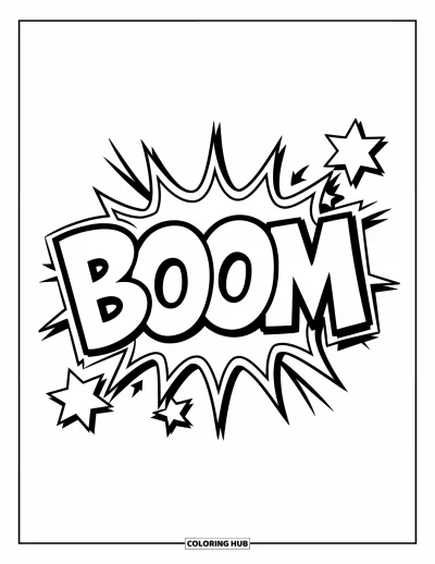 Fargeleggingsark med graffiti-ord for barn: "Boom" i graffiti-stil med tegnerieeksplosjoner og spredte stjerner