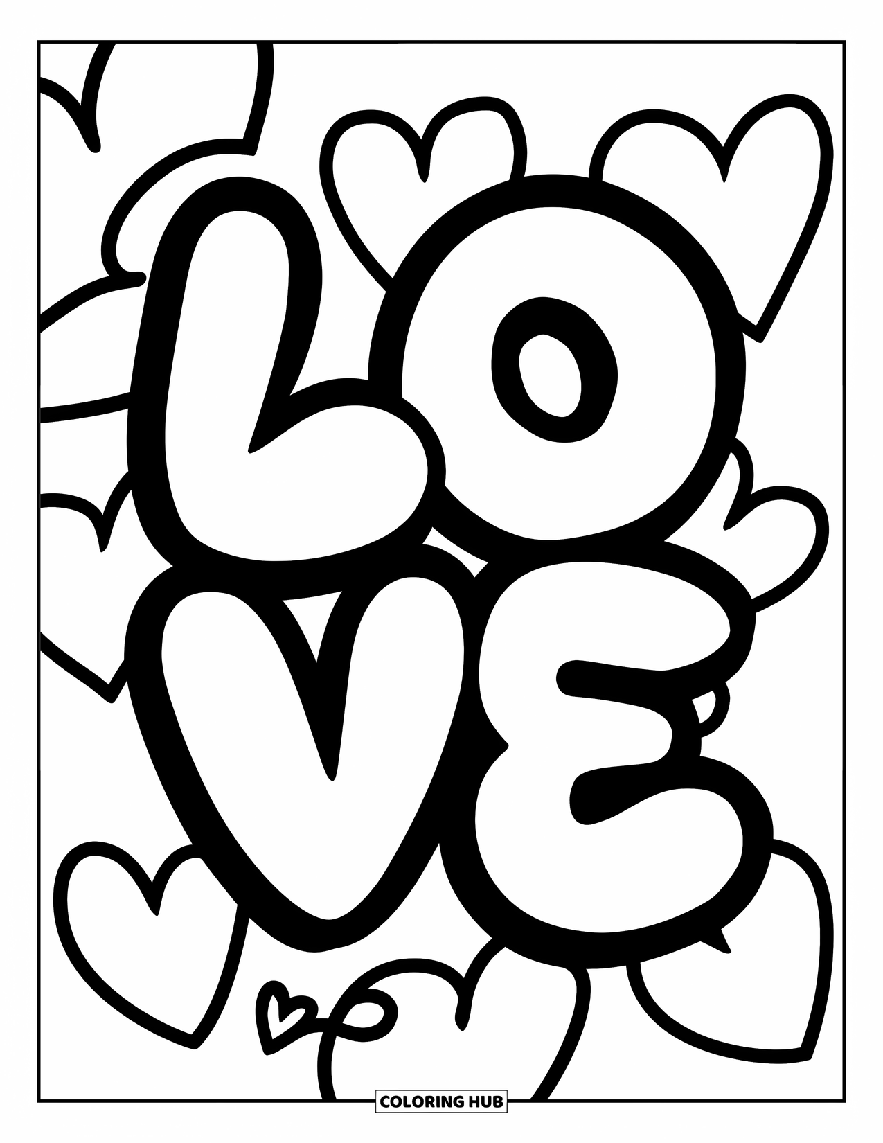 Graffiti Word Coloring Page for Kids: Graffiti-style "Love" in bold bubble letters with a few hearts