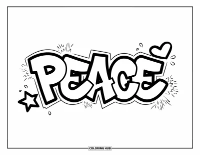 Fargeleggingsark med graffiti-ord for barn: "Peace" i graffiti-stil med morsomme former som hjerte og stjerne