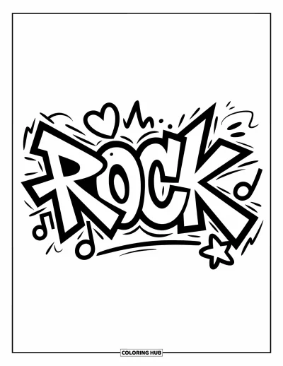 Fargeleggingsark med graffiti-ord for barn: "Rock" i graffiti-stil med hjerter, musikk-noter og stjerne-detaljer