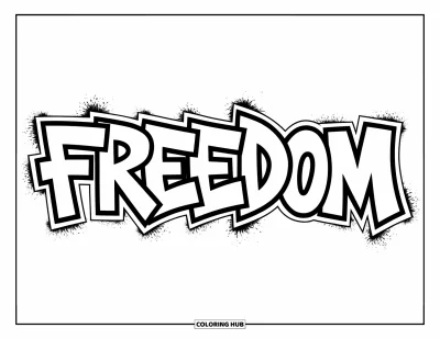 Fargeleggingsark med graffiti-ord for barn: Graffiti-ordet "Freedom" i fet lenkelenkestil med sprut-kanter på hvit bakgrunn