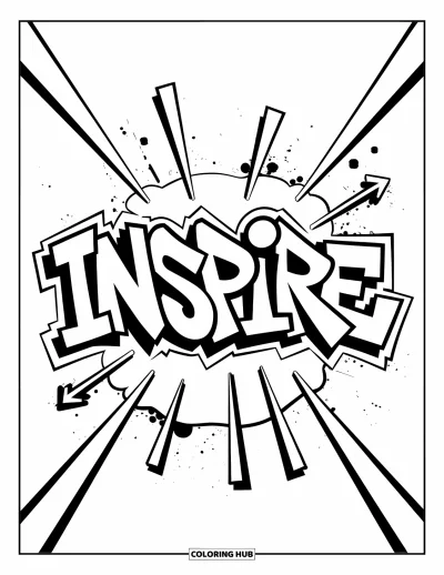 Fargeleggingsark med graffiti-ord for barn: "Inspire"-graffiti med piler oppover, lyse stråler og sprut i bakgrunnen
