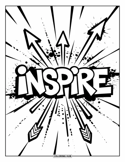 Fargeleggingsark med graffiti-ord for barn: "Inspire" i fet graffiti omgitt av piler oppover, lysstråler og malingssøl