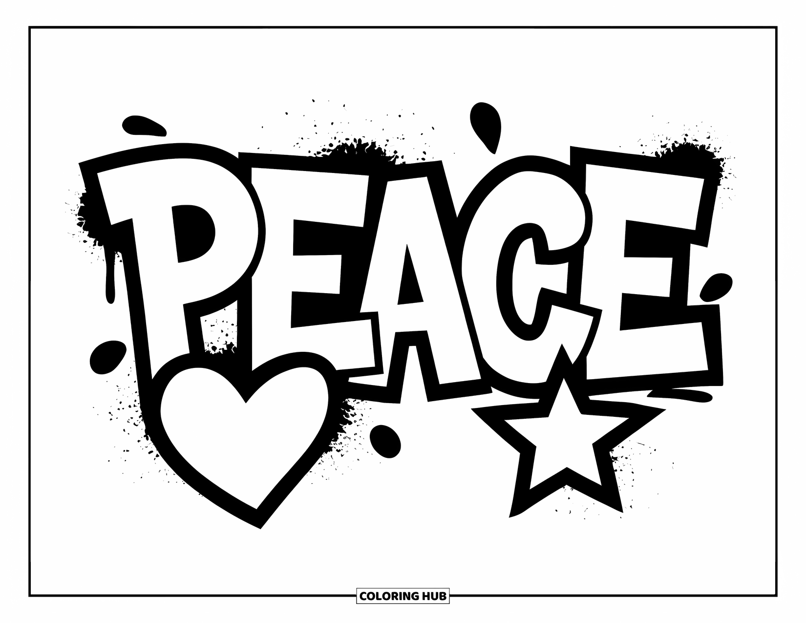 Graffiti Word Coloring Page for Kids: "Peace" in bold letters with star, heart, and light spray around