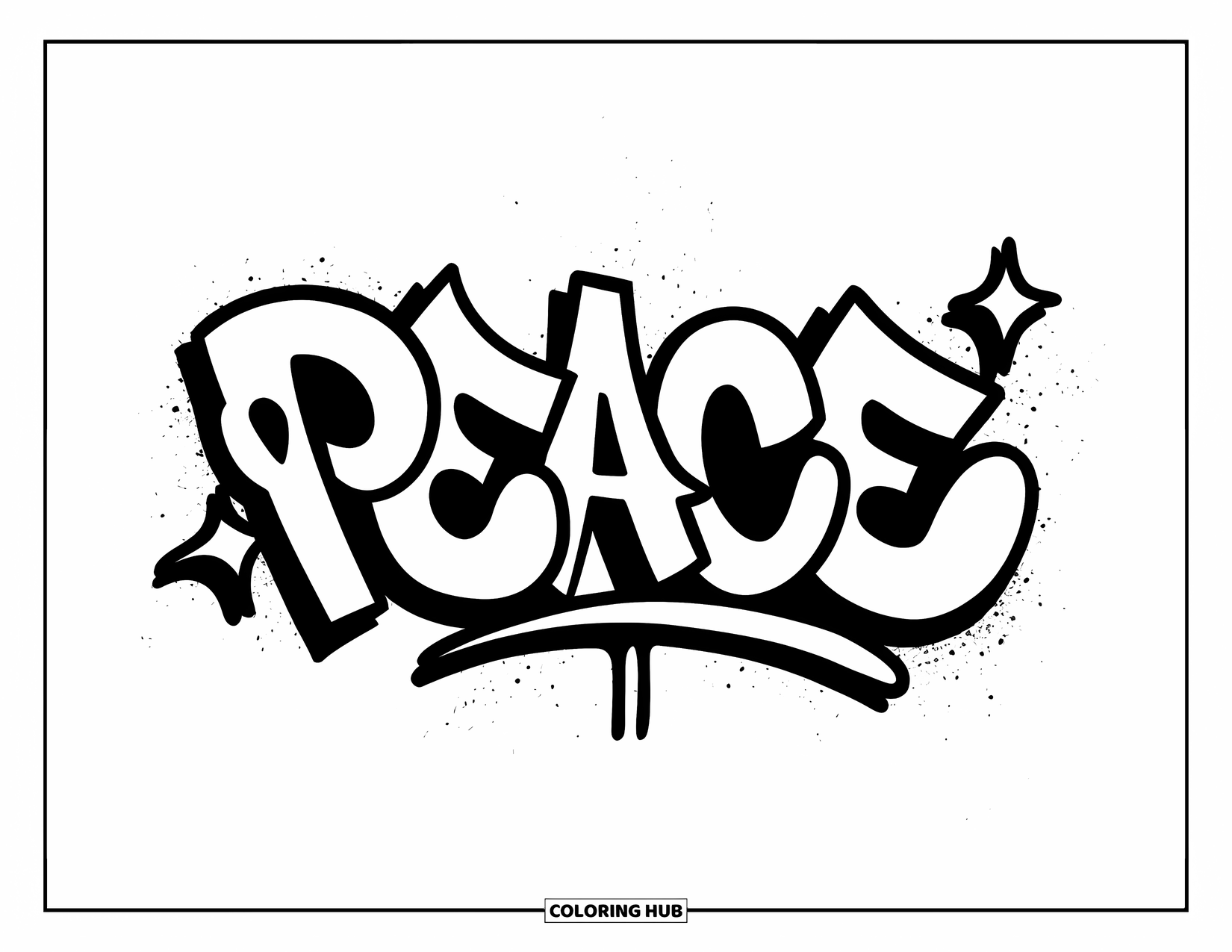 Graffiti Word Coloring Page for Kids: "Peace" in graffiti with a heart, star, and light spray marks